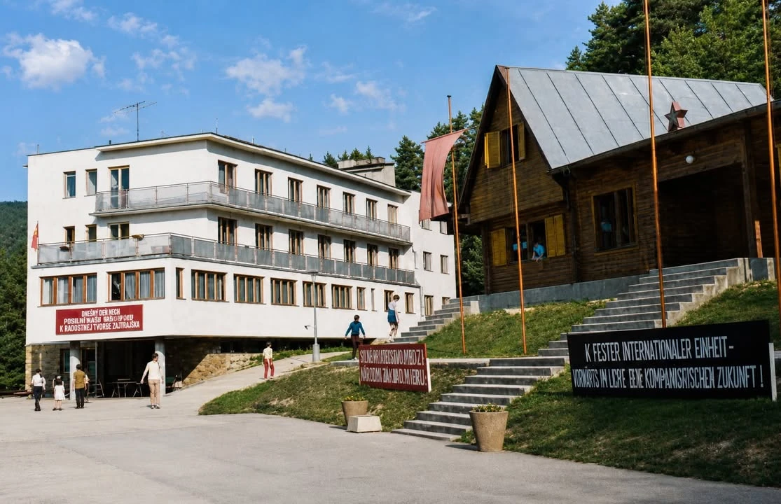 Archívny pohľad na budovy s označením Hotel Partizán.